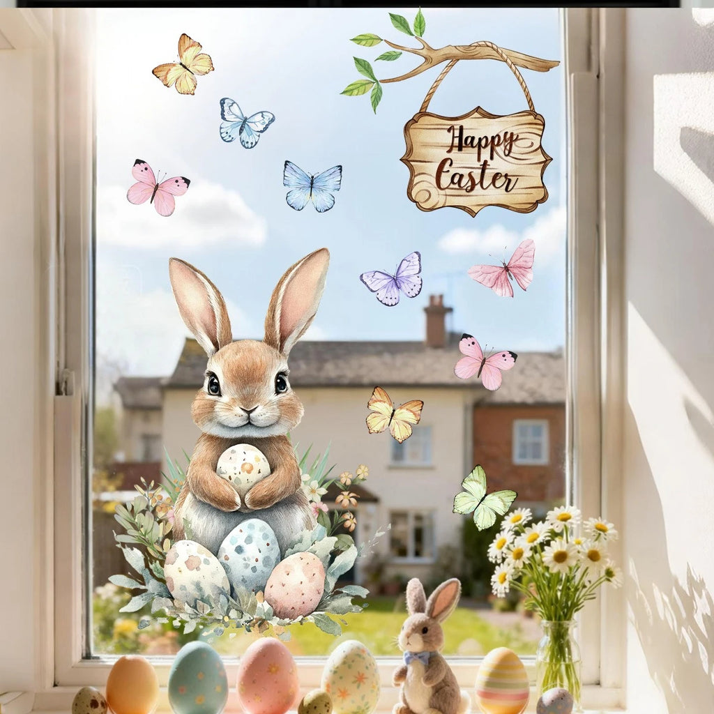 FrühlingsGlanz Großer Oster-Fensteraufkleber | Hase, Küken, Ei & Schmetterling | Statische Glasfolie 60x30 cm