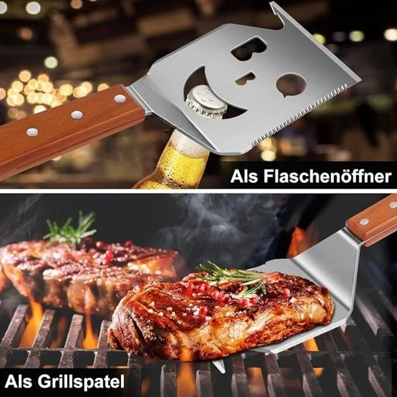 GrillMasterPro 7-in-1 Multifunktionaler Grillspatel | Edelstahl BBQ Werkzeug | Fleischzange, Wender & Küchenhelfer für Grill & Outdoor