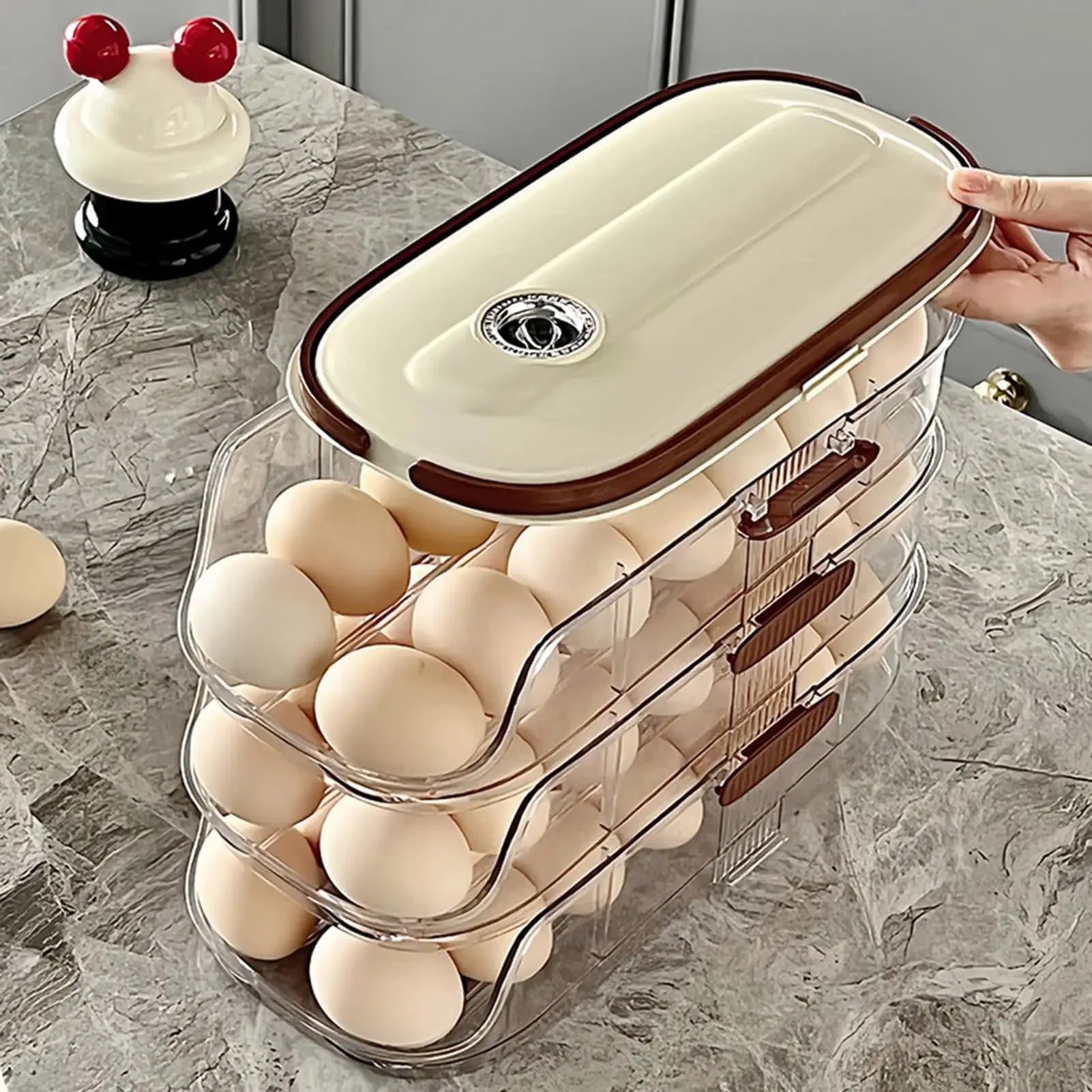 FrischRoll Eierhalter für Kühlschrank | Automatischer Roll-Organizer | Transparente Eier Aufbewahrungsbox stapelbar mit Deckel