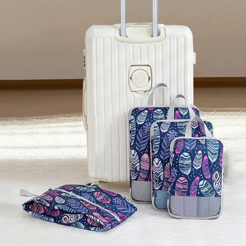 Packora | Faltbare Packwürfel mit Kompressionsfunktion | Wasserdichte Koffer-Organizer aus Polyester | 4-teiliges Reise-Set