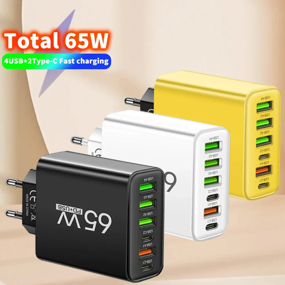 Voltique | 65W USB-C Schnellladegerät | 6 Anschlüsse | Power Delivery & Quick Charge | EU-Stecker