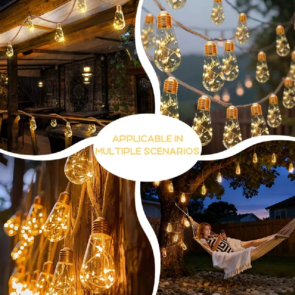 LumiHemp | Solar-Lichterkette mit Hanfseil | Wasserdichte Vintage-LED-Gartenbeleuchtung mit 8 Leuchtmodi