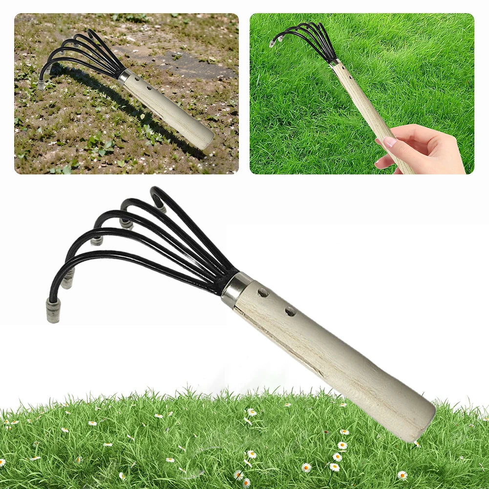 Grünvaro Handrechen 5 Zinken | Gartenkultivator & Mini-Hacke | Carbonstahl | Holzgriff | 38 × 21 × 8,5 cm
