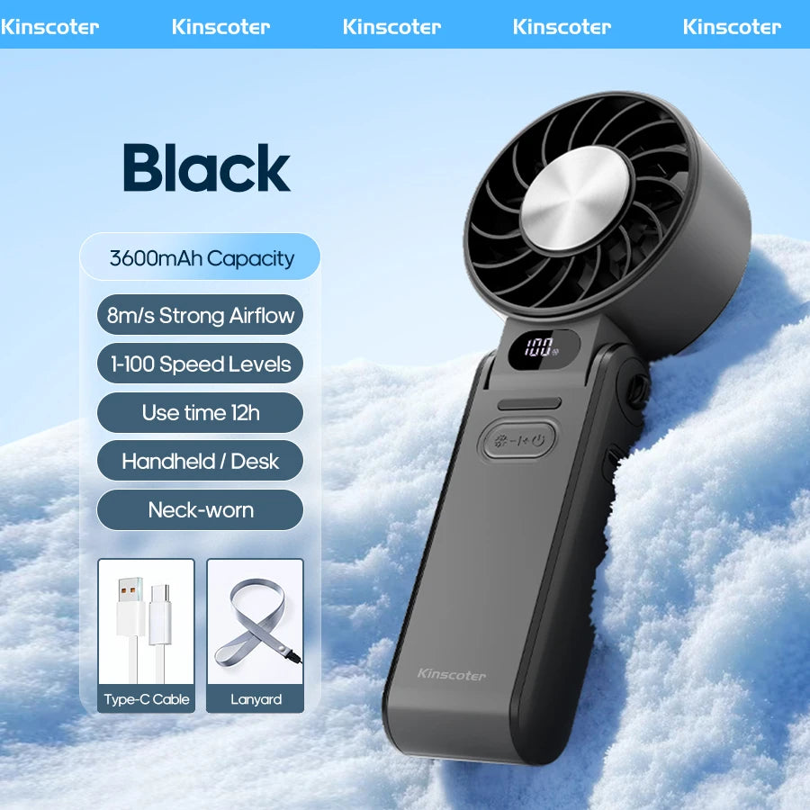 Glaciaro Mini Ventilator | 100 Stufen Turbo | 3600 mAh Akku | Faltbar & Ice-Cooling
