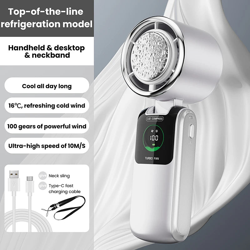 BREEZARO Mini Handventilator mit Kühlpack | 100 Stufen | 10W Turbo | Faltbar | Tragbar