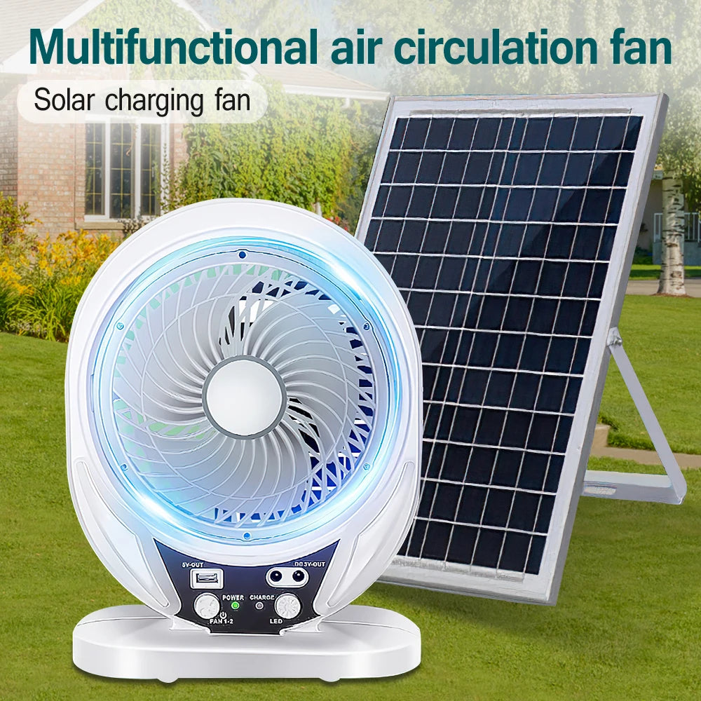 SolarBreeze Duo  Solar Camping Ventilator mit LED-Licht | USB wiederaufladbar | Tragbar 8 Zoll | Leise | Desktop & Outdoor | Weiß