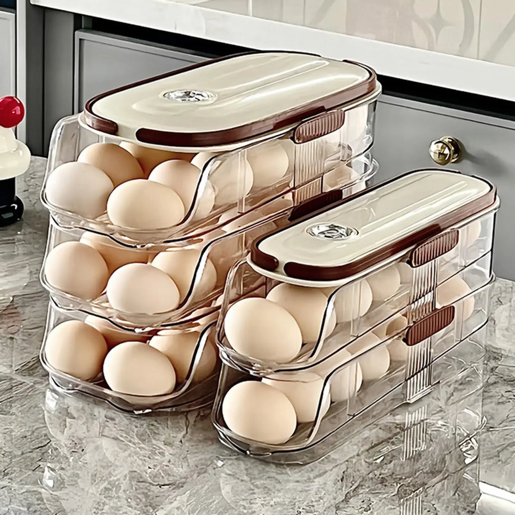 FrischRoll Eierhalter für Kühlschrank | Automatischer Roll-Organizer | Transparente Eier Aufbewahrungsbox stapelbar mit Deckel