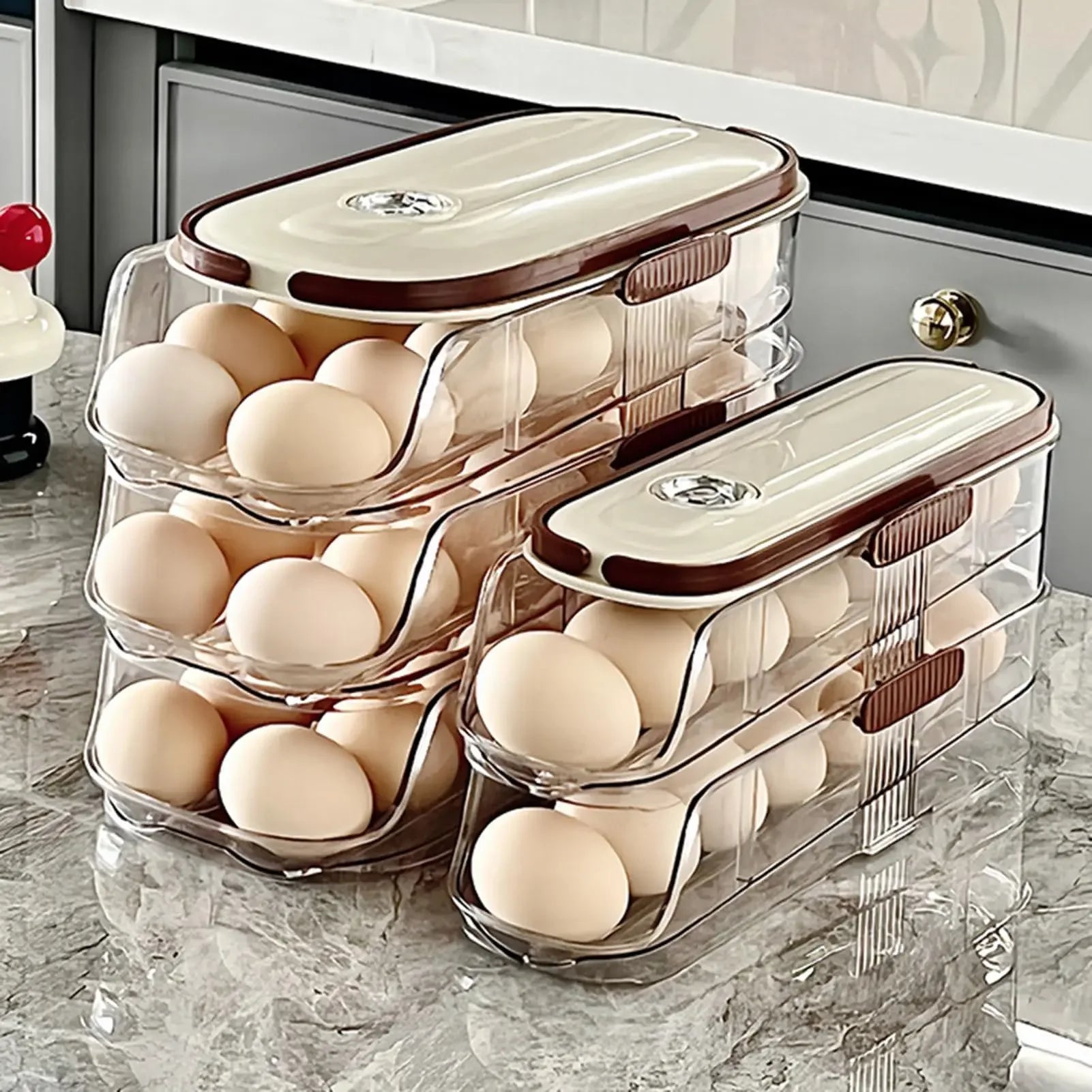 FrischRoll Eierhalter für Kühlschrank | Automatischer Roll-Organizer | Transparente Eier Aufbewahrungsbox stapelbar mit Deckel