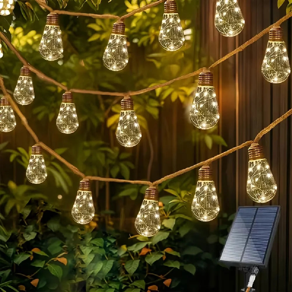 LumiHemp | Solar-Lichterkette mit Hanfseil | Wasserdichte Vintage-LED-Gartenbeleuchtung mit 8 Leuchtmodi