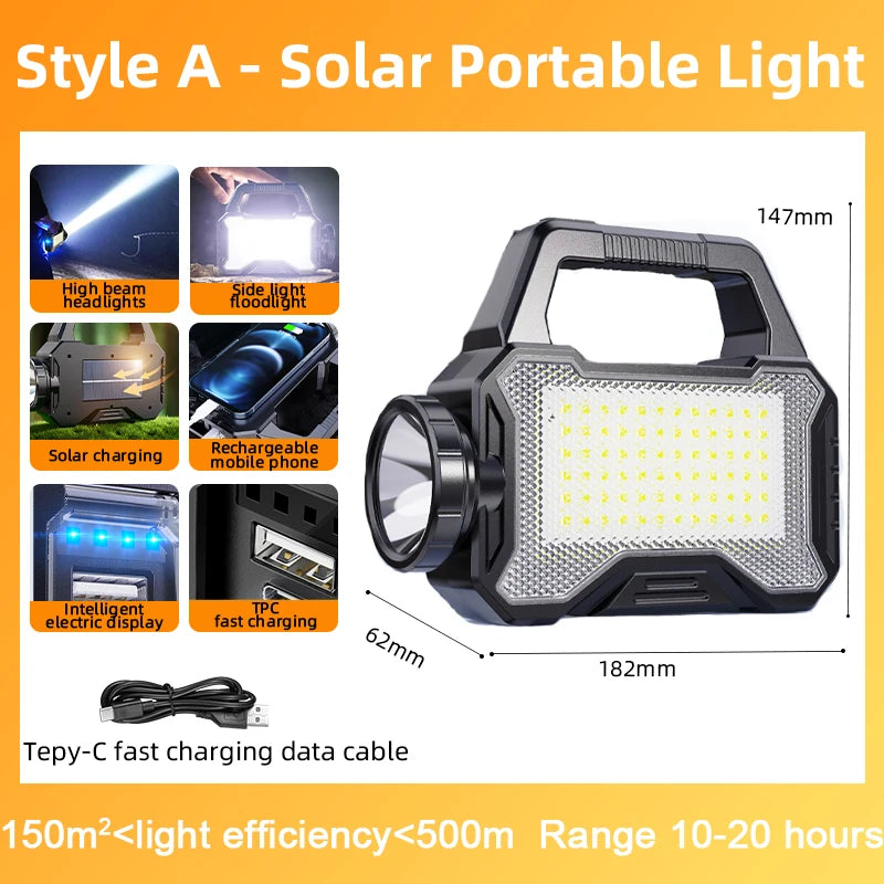 Solvanta | Solar-Campinglaterne mit Powerbank | LED-Suchscheinwerfer & COB-Seitenlicht | Wiederaufladbar