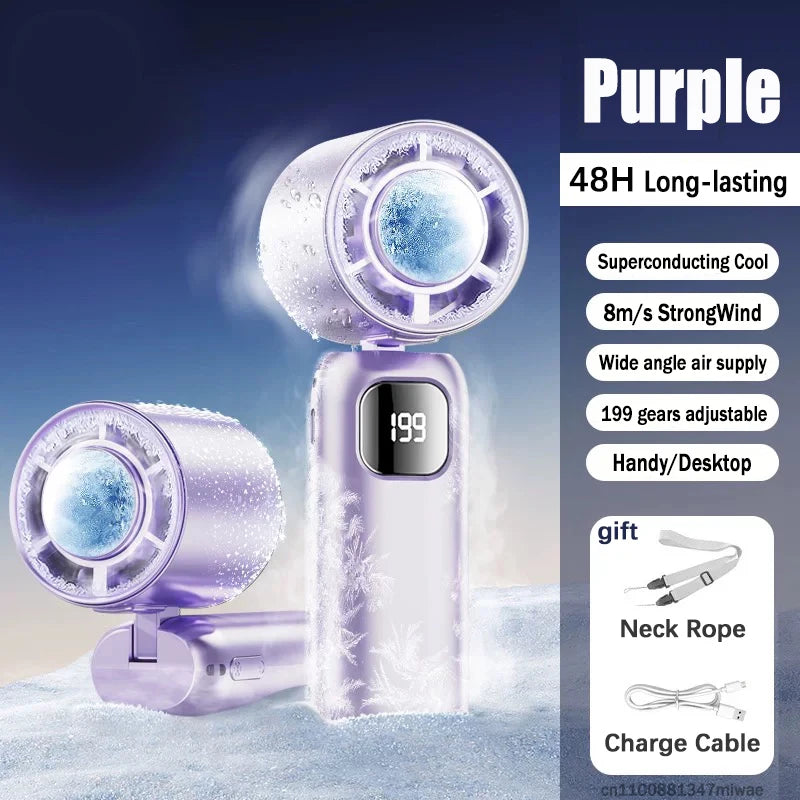 FrostTurbo Turbo Handventilator mit Eiskühlung | 199 Stufen | LED-Digitalanzeige | Handheld & Desktop | USB Akku | Reise & Zuhause