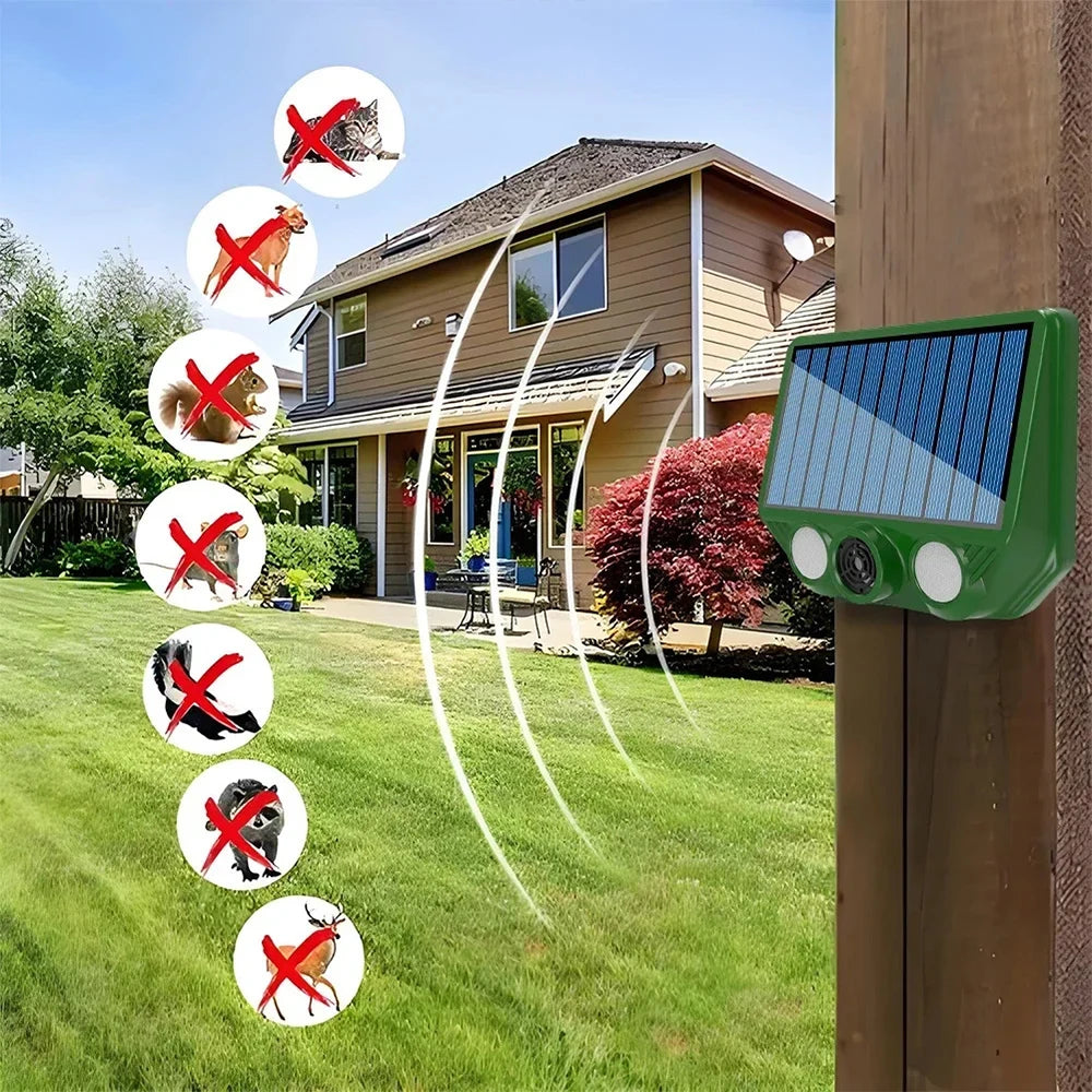 SonicFence Solar | Solar Ultraschall-Tiervertreiber mit LED-Blitzlicht | IP66 Wasserdichter Tierabwehrer für Garten, Obstgarten & Gewächshaus