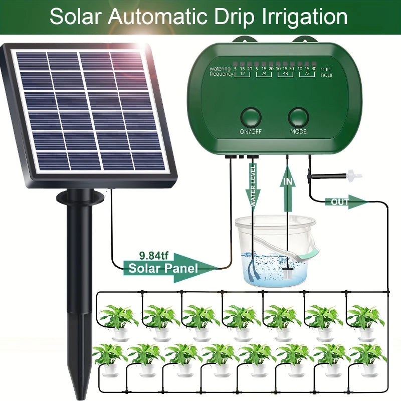 AquaSolaris Solar-Bewässerungssystem | 2W Automatische Tropfbewässerung | 12 Modi | 15 m Schlauch