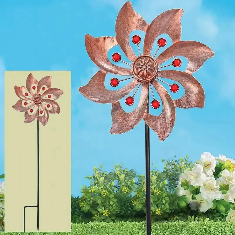 Ventoria | Windspiel mit Doppel-Windrad | Kinetische Gartenskulptur aus Metall | Wetterfeste Gartendekoration