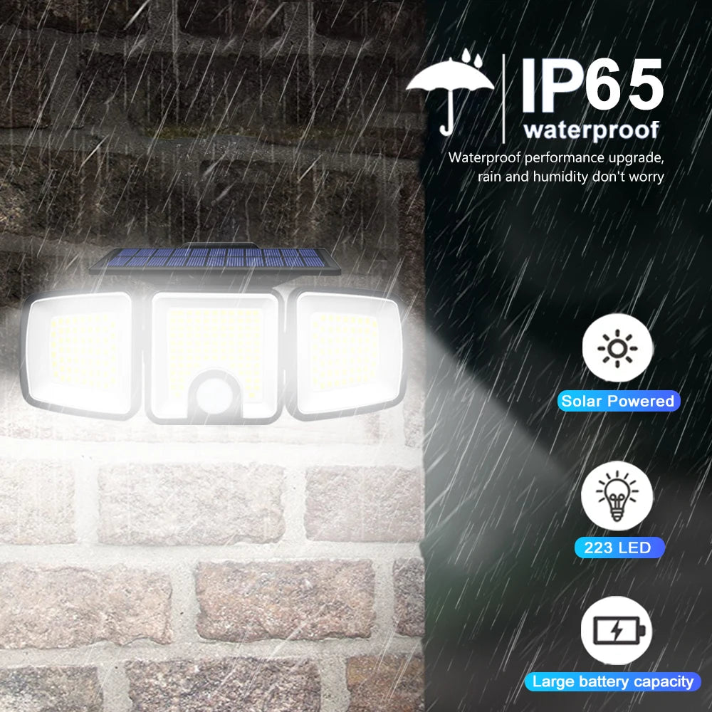 SolarGuard 3-Kopf Solar-Bewegungsmelderlicht | 236/223 LED | IP65 Wasserdicht | 3 Beleuchtungsmodi | Außenwand, Garten & Terrasse