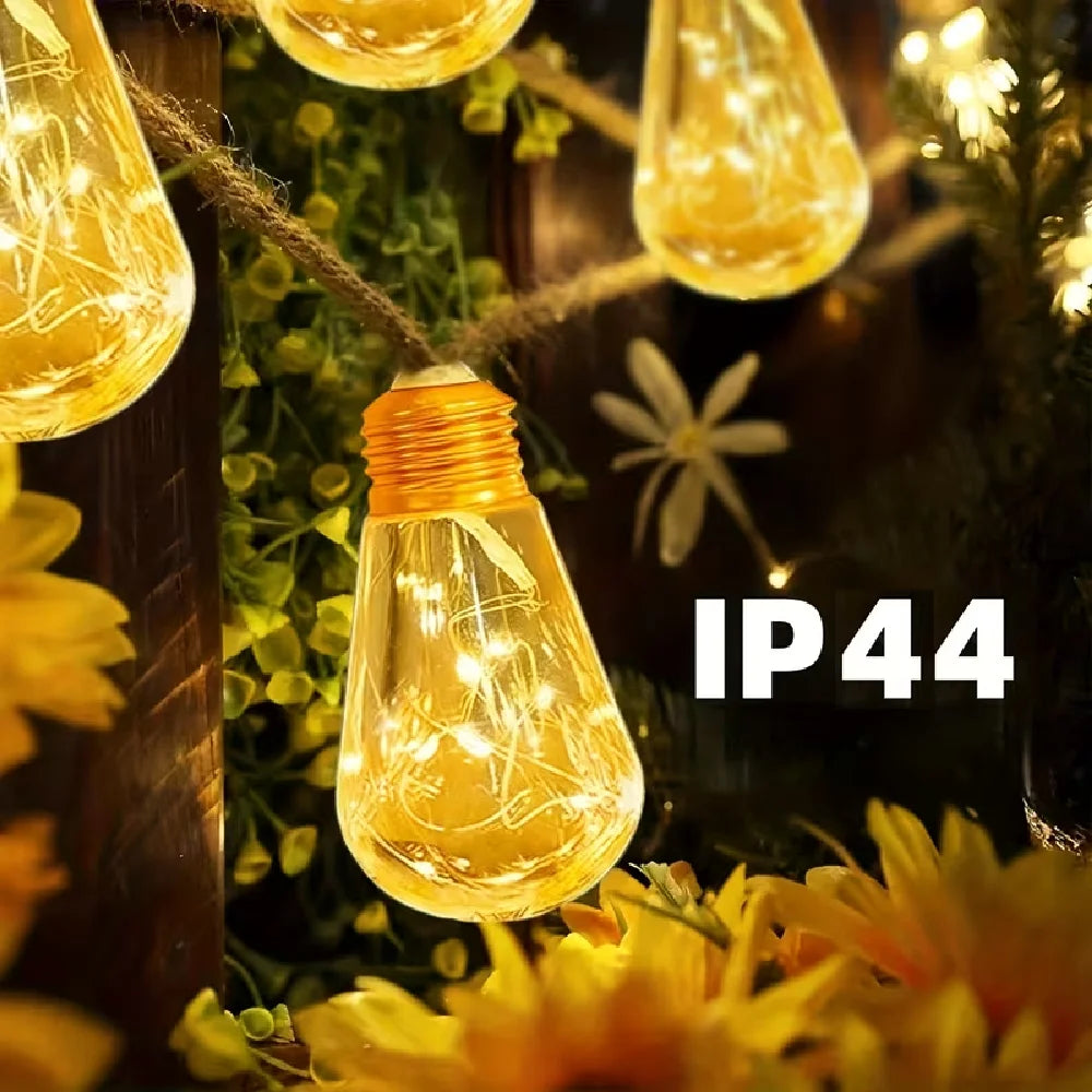 LumiHemp | Solar-Lichterkette mit Hanfseil | Wasserdichte Vintage-LED-Gartenbeleuchtung mit 8 Leuchtmodi