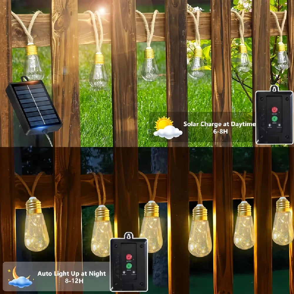 LumiHemp | Solar-Lichterkette mit Hanfseil | Wasserdichte Vintage-LED-Gartenbeleuchtung mit 8 Leuchtmodi
