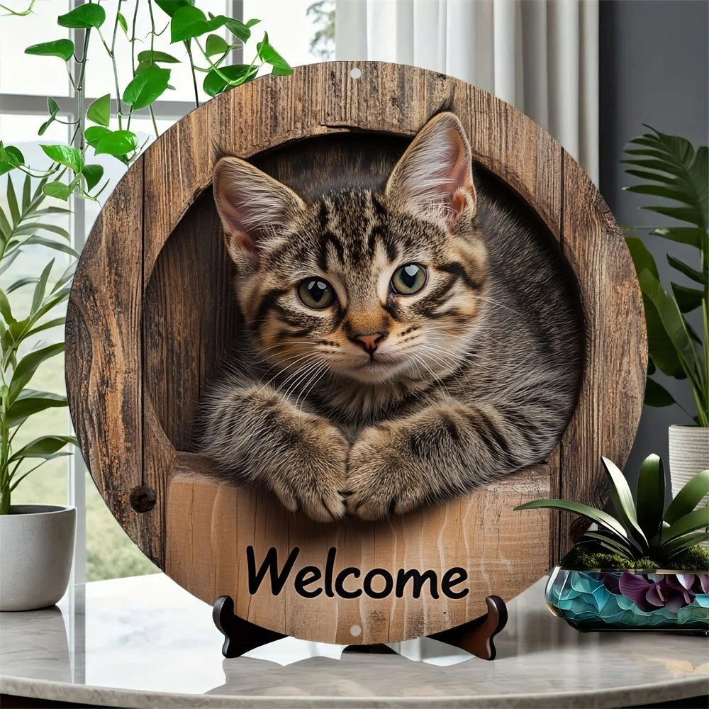 AnimaraHome Vintage Tier-Willkommensschild | Rund 20 cm | Katze, Eule, Schildkröte | Holz Deko