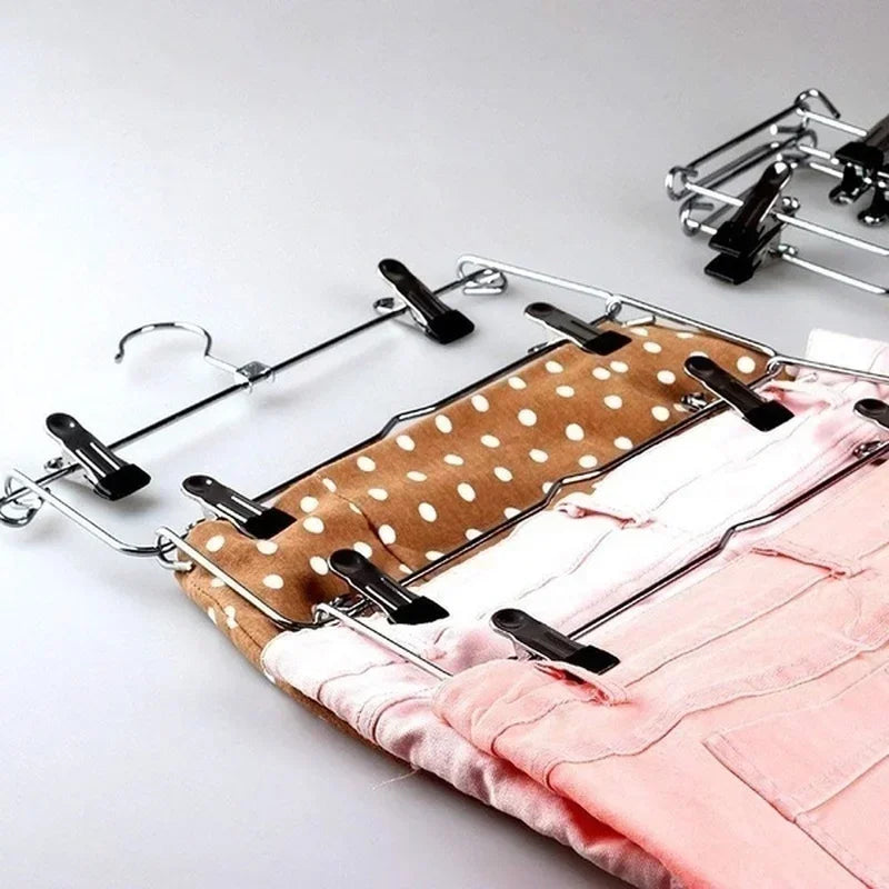 Foldora Hosenbügel 6 Ebenen aus Edelstahl | Multilayer Rock- & Hosenhalter | Platzsparend mit 12 Clips
