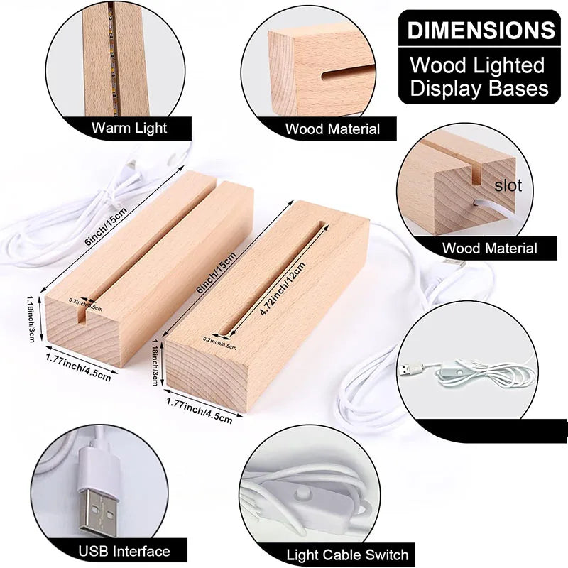 Artivida LED Holzsockel Nachtlicht | Rechteckig | USB betrieben | Acryl & Resin Display