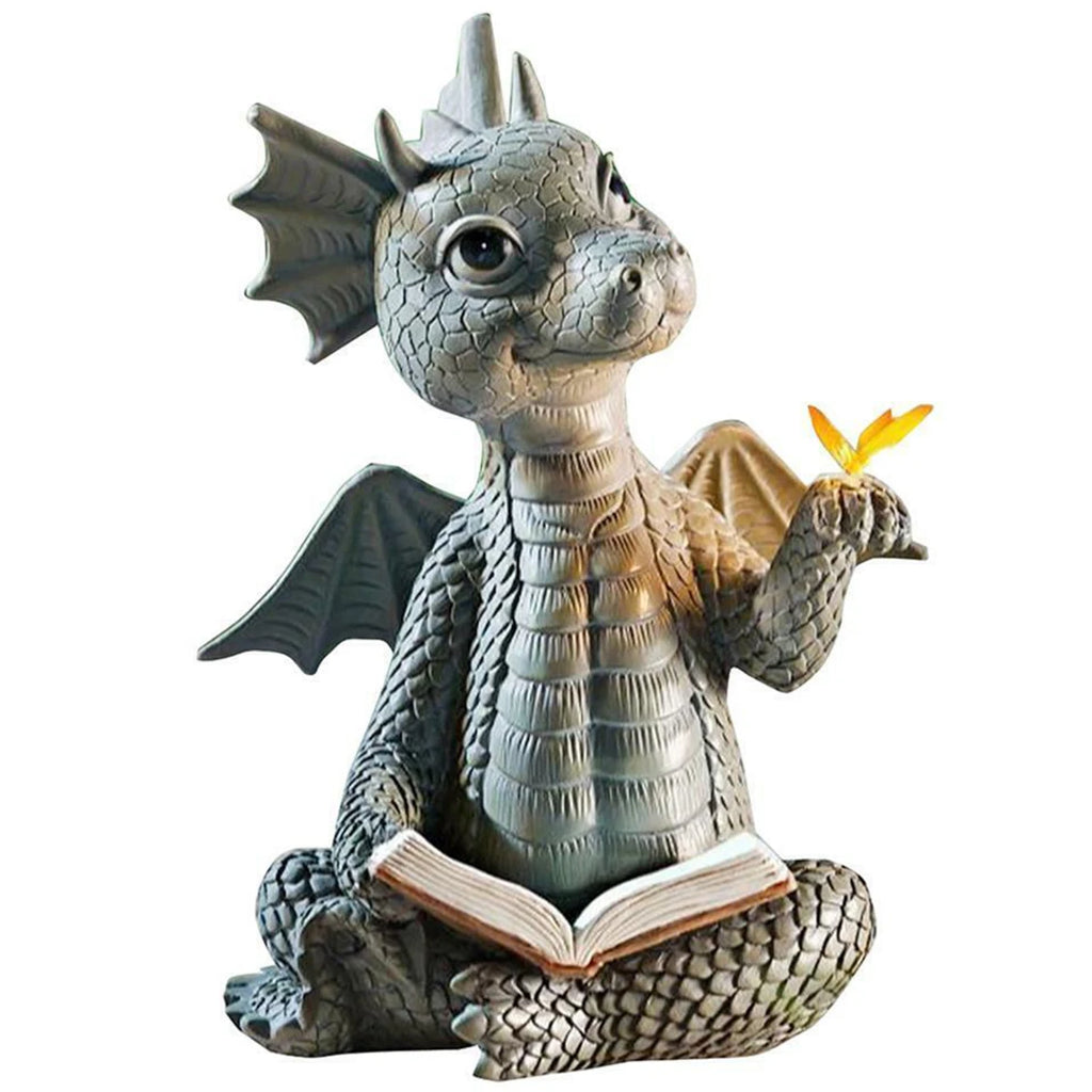 DrachenZauber Gartenfigur DrachenZauber | Kleine Lesender Drache | Resin Skulptur | Niedliche Drachen Deko für Garten & Zuhause