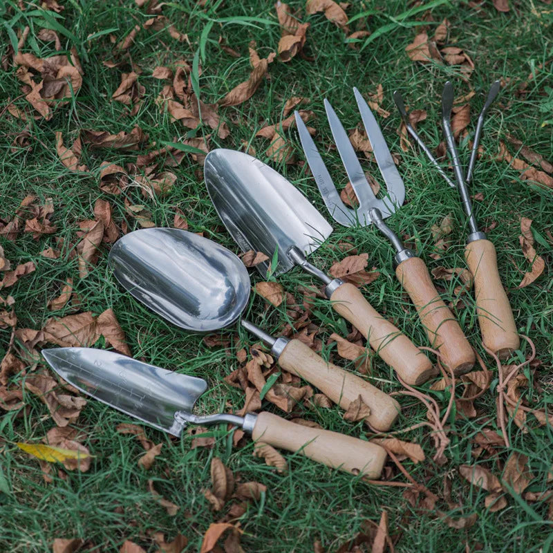 Florentra Gartenwerkzeug Set 5-teilig | Edelstahl Handwerkzeuge mit Holzgriff | Schaufel Rechen Pflanzgabel Set