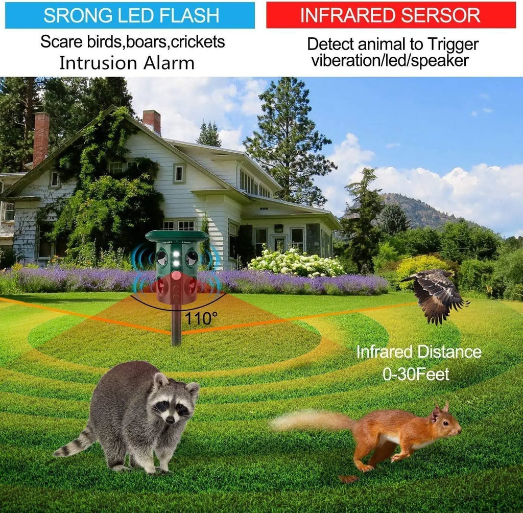 GuardiSonic | Solar Ultraschall-Tiervertreiber mit 4 Hörnern | Wasserdichter Schädlingsabwehrer | Wiederaufladbarer Vogel-, Nager- & Schlangenschutz