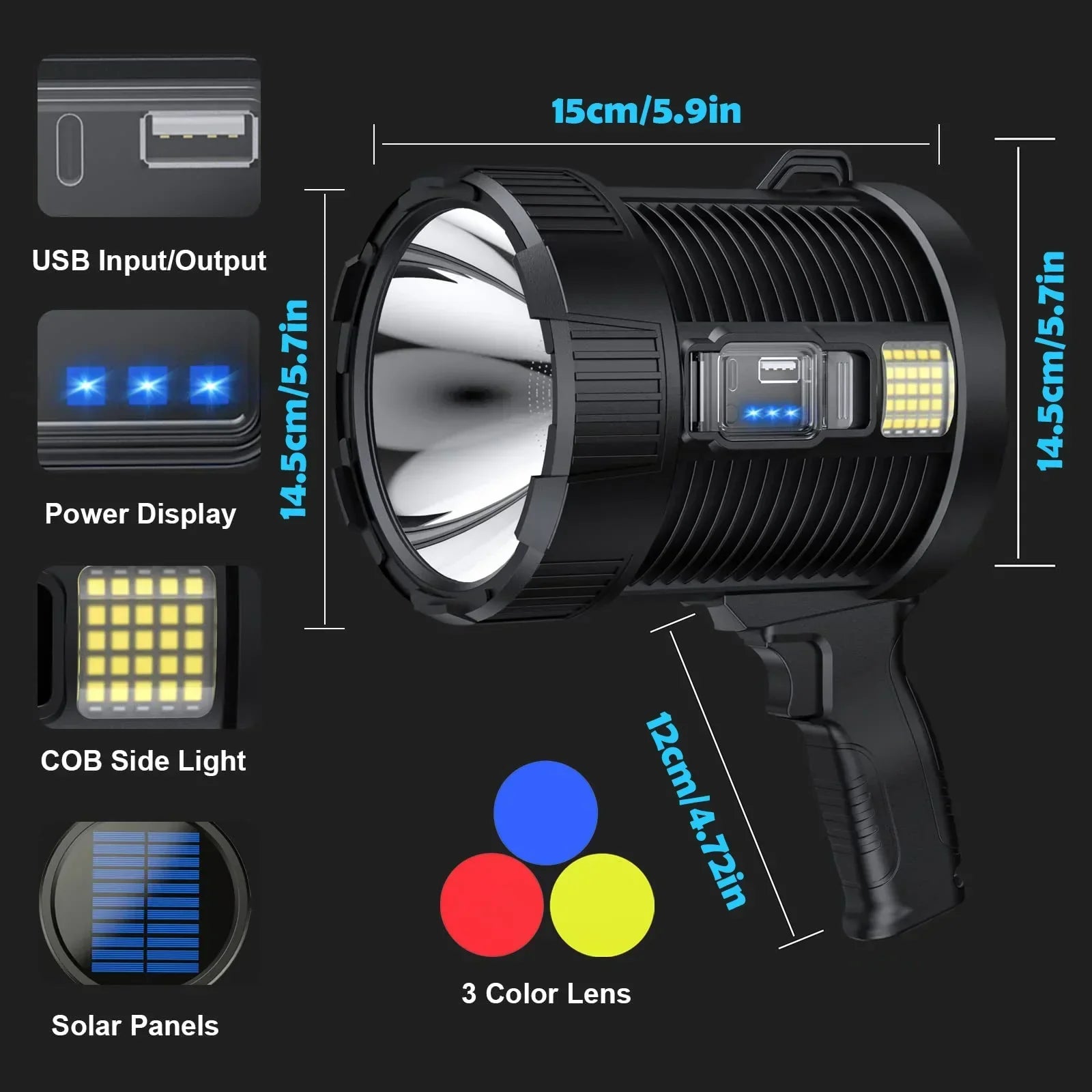 Handheld Spotlight LuminexPro 900K | 900,000 Lumens | 10000 mAh Battery | Solar & USB Charging Function | IPX5 Waterproof