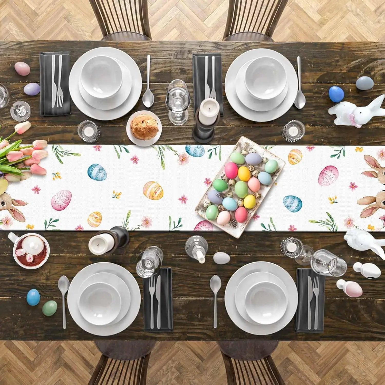 FrühlingsTisch Tischläufer Osterhasen & Bunte Eier | Leinen Stoff | Frühlingsdeko 150x33cm - 200x33cm