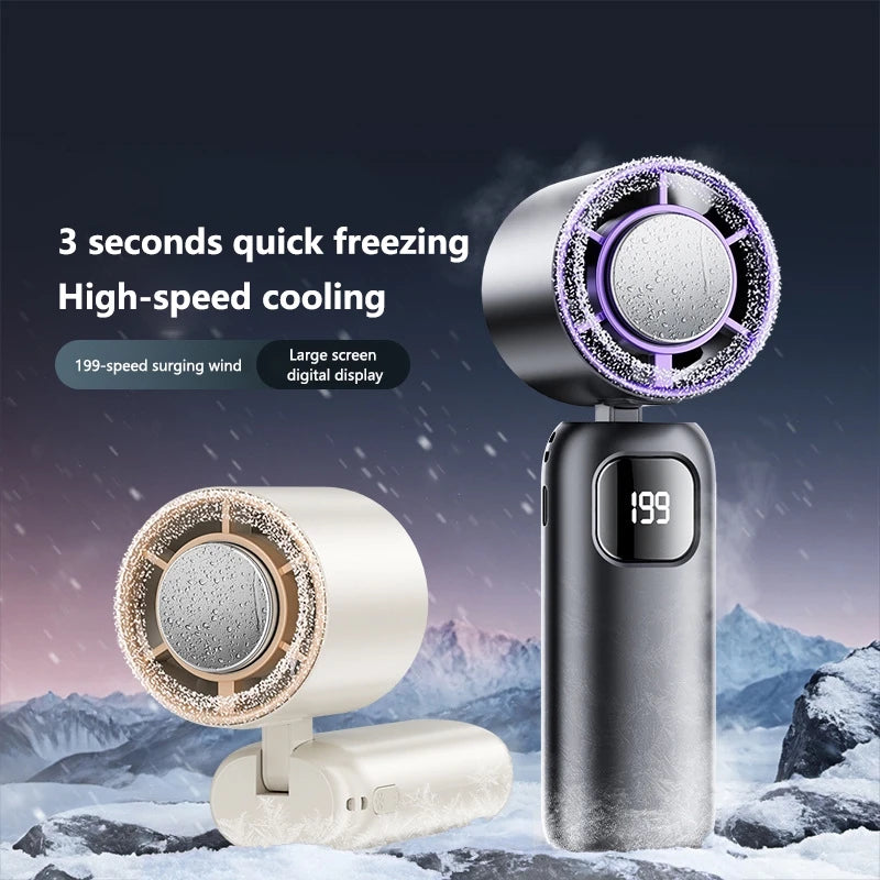 FrostTurbo Turbo Handventilator mit Eiskühlung | 199 Stufen | LED-Digitalanzeige | Handheld & Desktop | USB Akku | Reise & Zuhause
