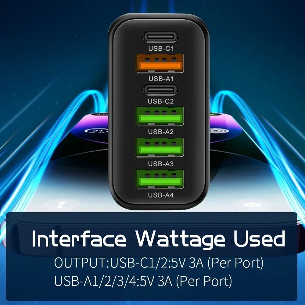 Voltique | 65W USB-C Schnellladegerät | 6 Anschlüsse | Power Delivery & Quick Charge | EU-Stecker