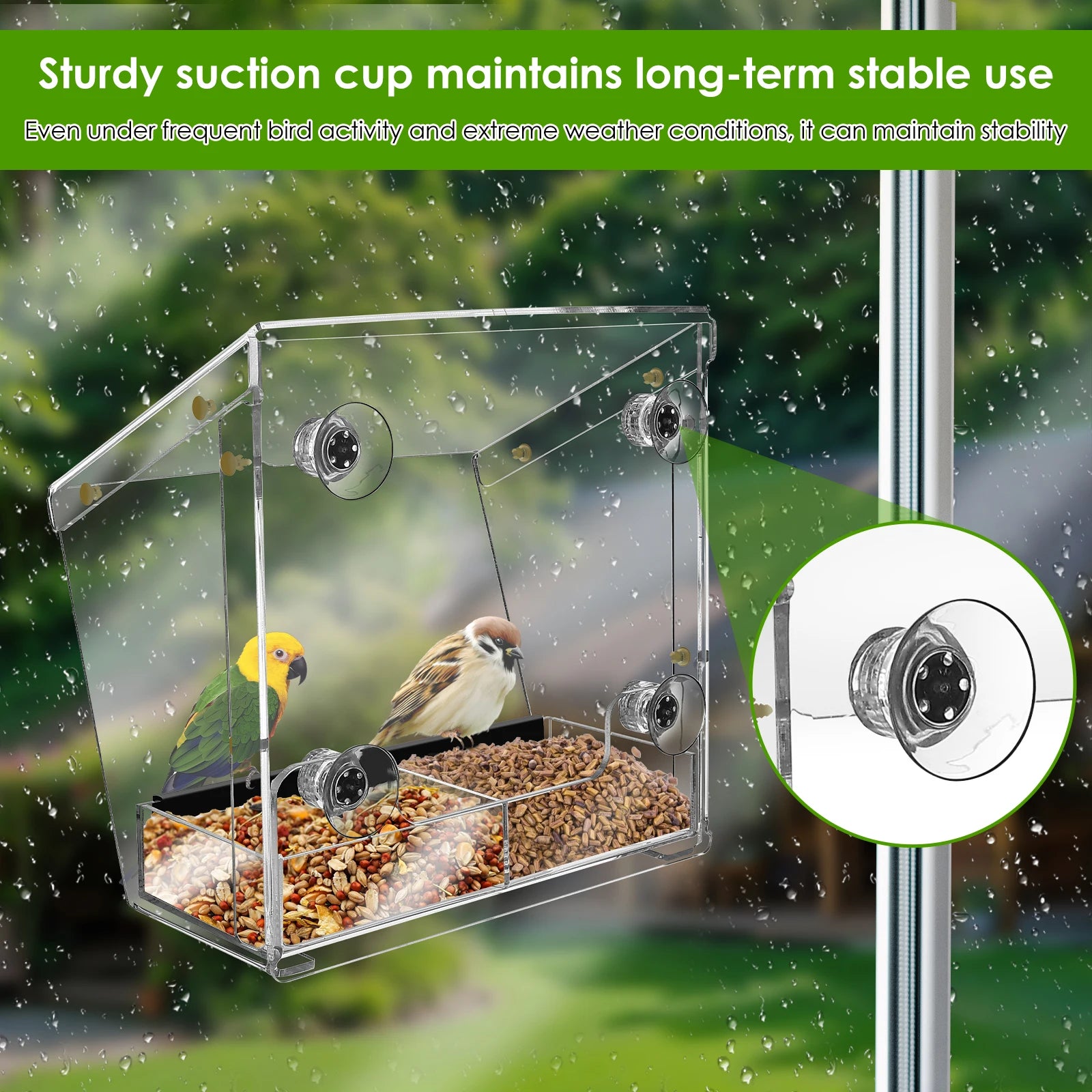 BirdVista Acryl-Vogelfutterspender | Fensterhalterung | Mit Saugnäpfen | Transparent für Vogelbeobachtung