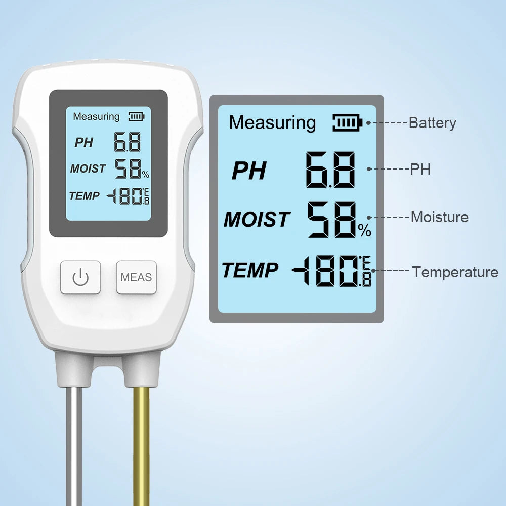 FloraSense Digitaler Bodenmessgerät 3-in-1 | pH-, Temperatur- & Feuchtigkeitsmesser | LCD Display mit Beleuchtung | 25,3 cm Sonde