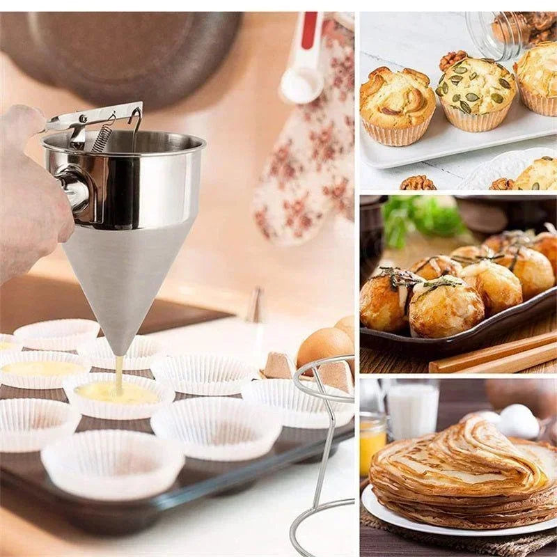 Flowtano Edelstahl Teigportionierer mit Ständer | 600 ml oder 1200 ml | Präziser Backtrichter für Cupcakes & Pancakes