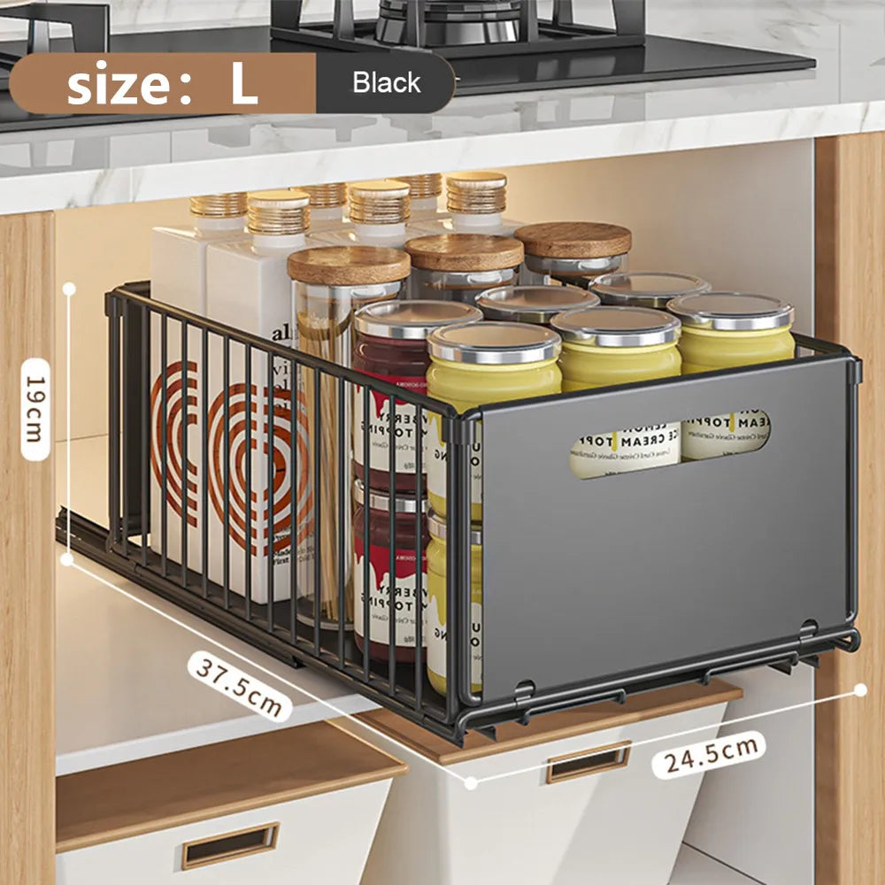 Cabinova Extendable Kitchen Shelf with Drawer | Metal Organizer for Spices & Cleaning Supplies | No Drilling Needed