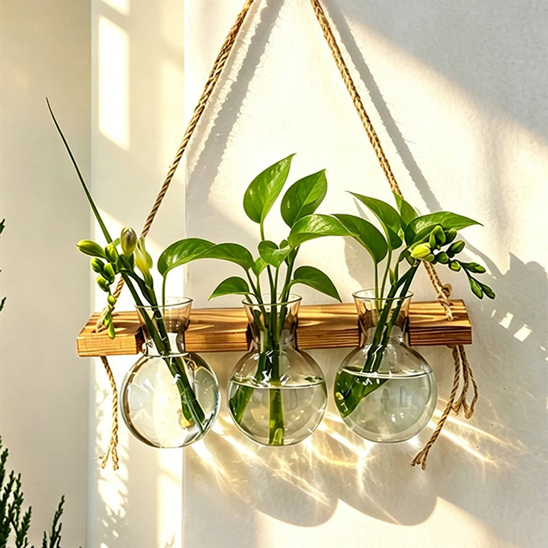HydroVana | Boho Wandvase für Hydrokultur | Hängende Glasvase mit Holzrahmen | Wanddekoration für Pflanzen