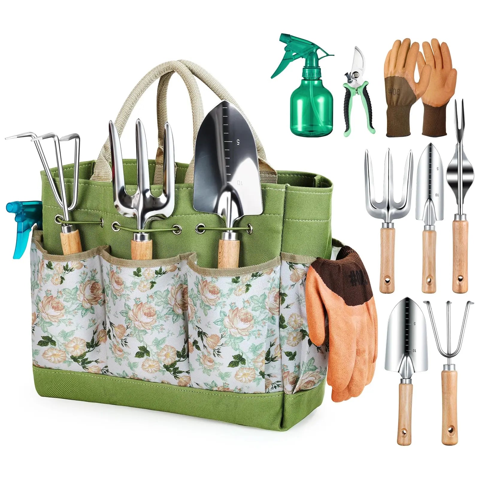 Grünheim Gartenwerkzeug Set 9-teilig | Edelstahl | Holzgriff | mit Aufbewahrungstasche
