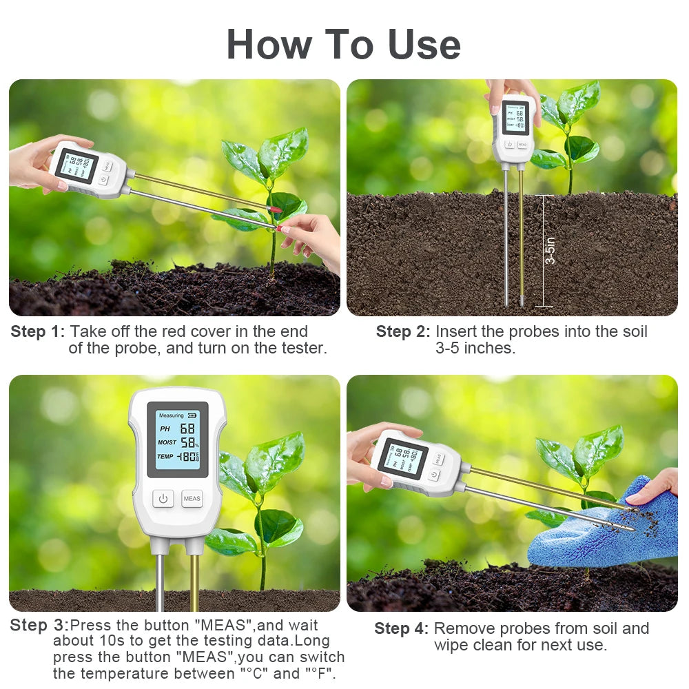 FloraSense Digitaler Bodenmessgerät 3-in-1 | pH-, Temperatur- & Feuchtigkeitsmesser | LCD Display mit Beleuchtung | 25,3 cm Sonde
