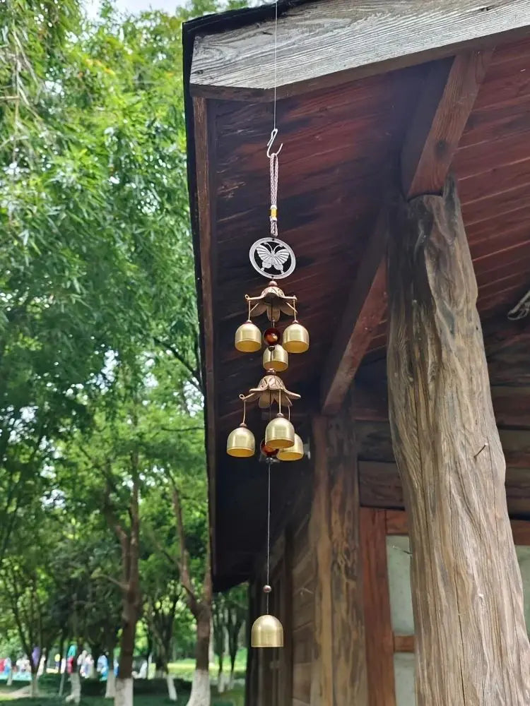BellAura Doppelglocken Windspiel | Metall Anhänger | Garten & Hausdeko | Hängende Glocke, Messingfarbe