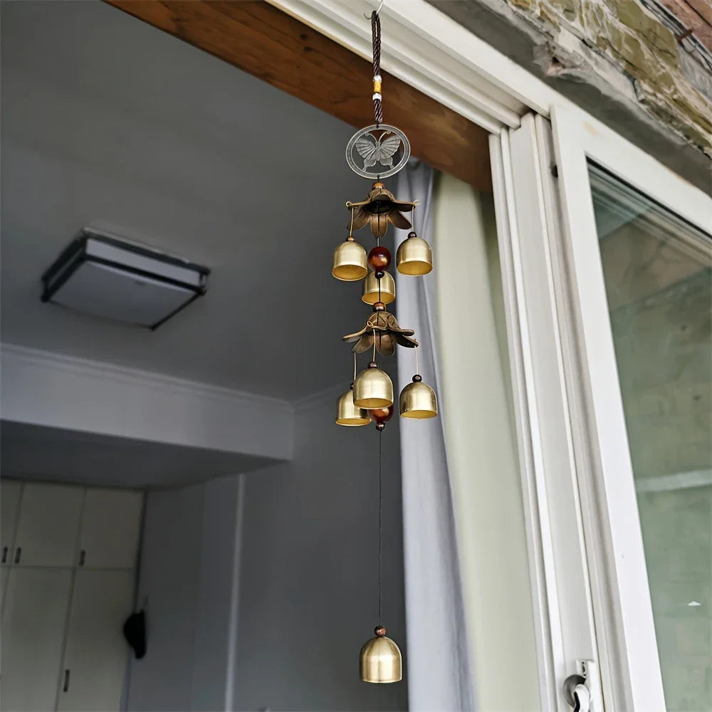 BellAura Doppelglocken Windspiel | Metall Anhänger | Garten & Hausdeko | Hängende Glocke, Messingfarbe