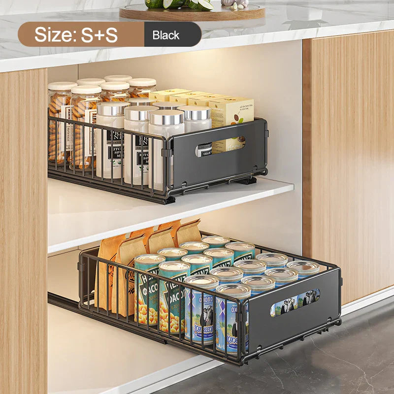 Cabinova Extendable Kitchen Shelf with Drawer | Metal Organizer for Spices & Cleaning Supplies | No Drilling Needed