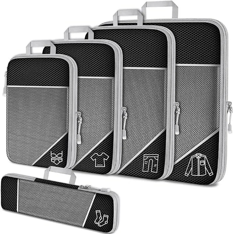 PackEase Koffer Organizer Set 5er | Kompressions Packwürfel mit Schuhbeutel | Leicht & Platzsparend