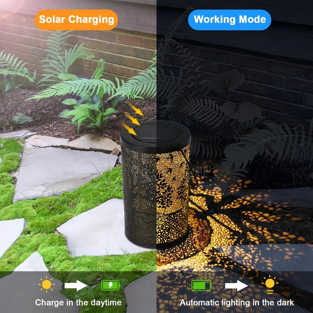 LumaVerde | Solar-Gartenlaterne mit Baum- & Blättermuster | Hängende oder Stehende LED-Dekoleuchte für Balkon, Terrasse & Garten