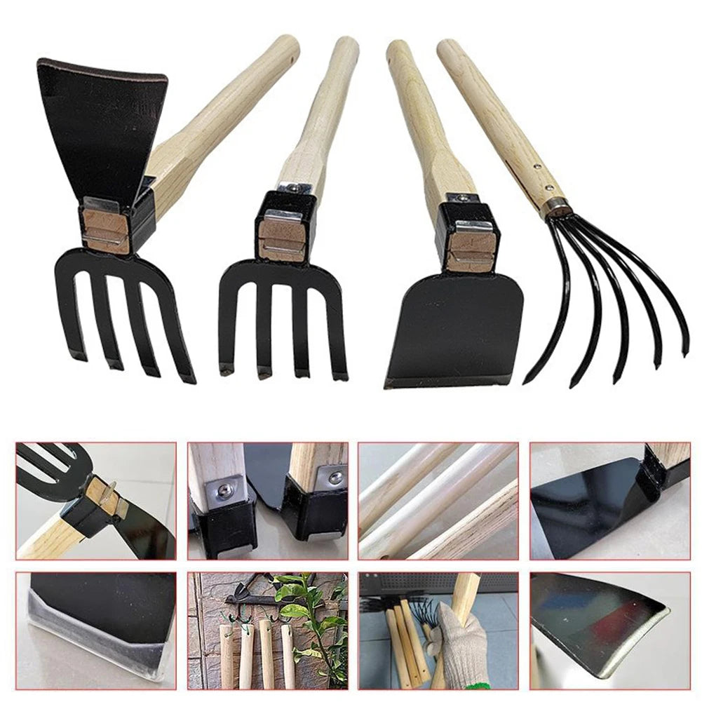 Grünvaro Handrechen 5 Zinken | Gartenkultivator & Mini-Hacke | Carbonstahl | Holzgriff | 38 × 21 × 8,5 cm