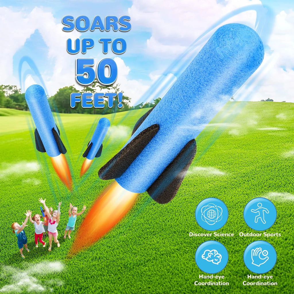 SkyBlast Schaumstoff-Raketenstarter für Kinder | Outdoor-Raketenset mit 3 Soft-Raketen | Flughöhe bis zu 15 m