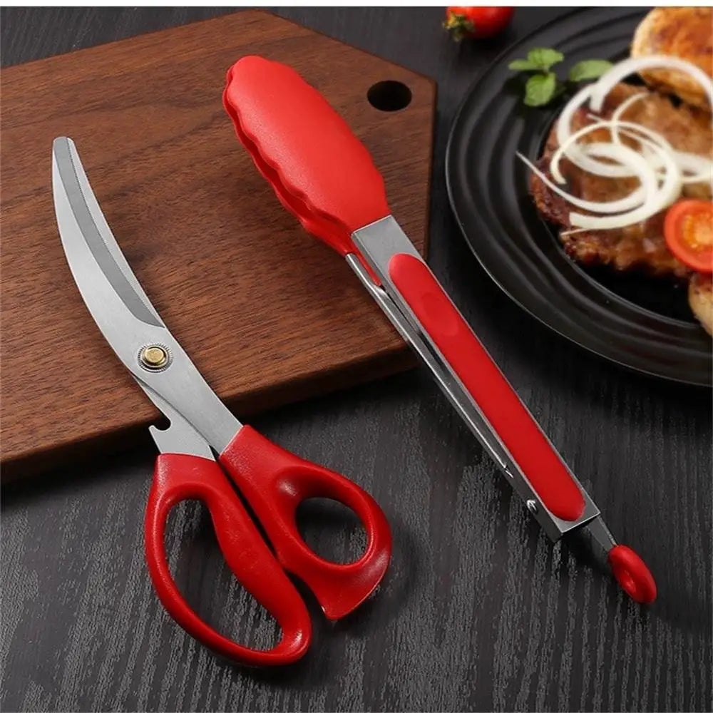 GrillMeister Pro Edelstahl BBQ-Scheren & Food-Clip Set | Küchen- & Grillwerkzeug | Silikon-Griff | 24×8,7 cm & 27×3,5 cm