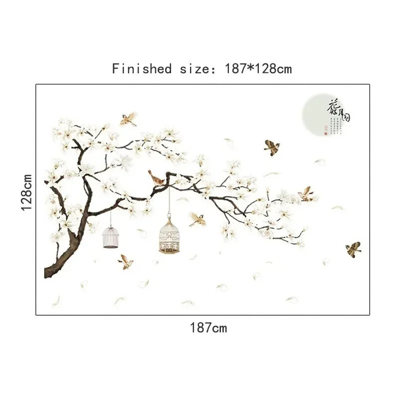 Arboréa Baum Wandtattoo XXL 187x128 cm | Vogel & Blumen Wandsticker | Wohnzimmer & Schlafzimmer Deko