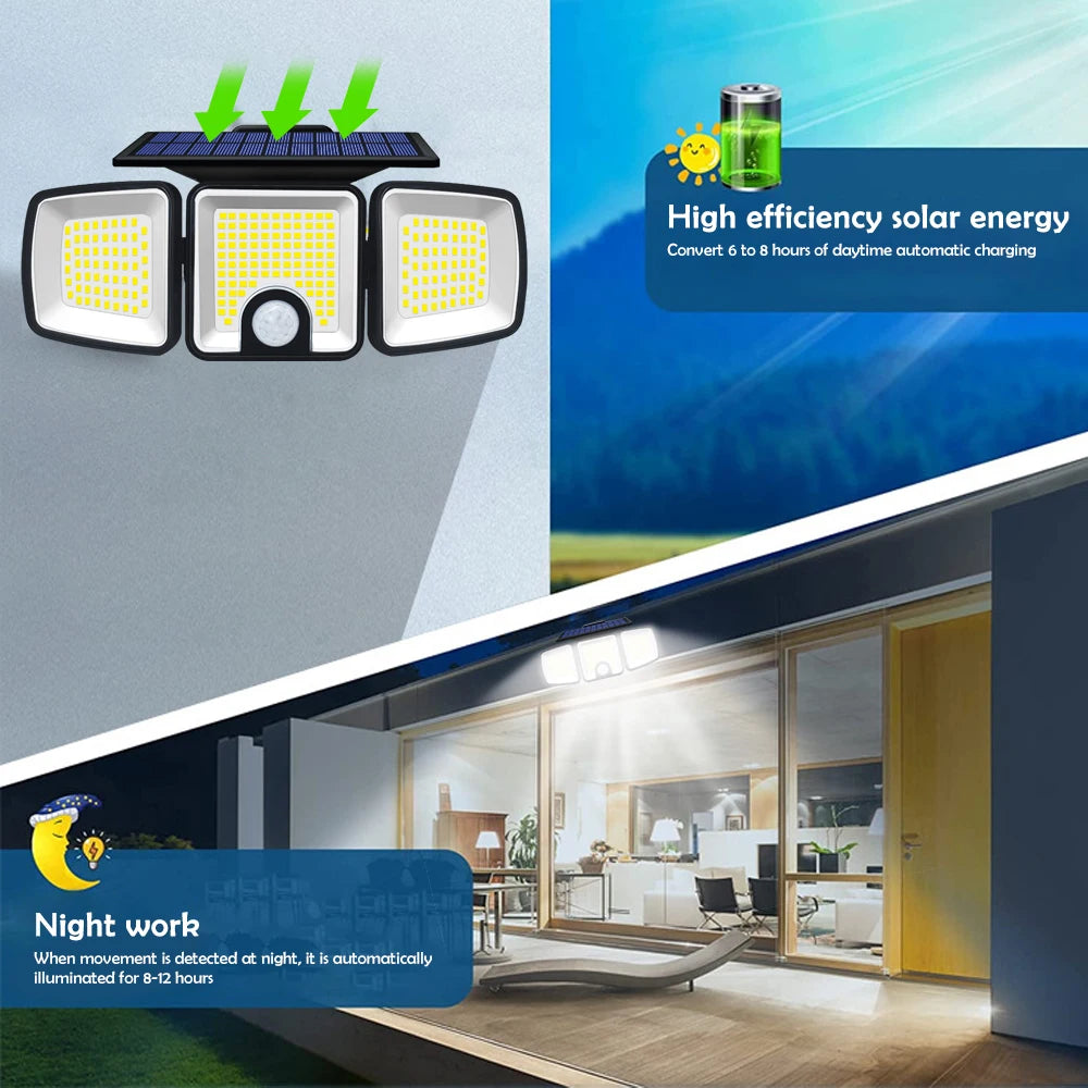 SolarGuard 3-Kopf Solar-Bewegungsmelderlicht | 236/223 LED | IP65 Wasserdicht | 3 Beleuchtungsmodi | Außenwand, Garten & Terrasse