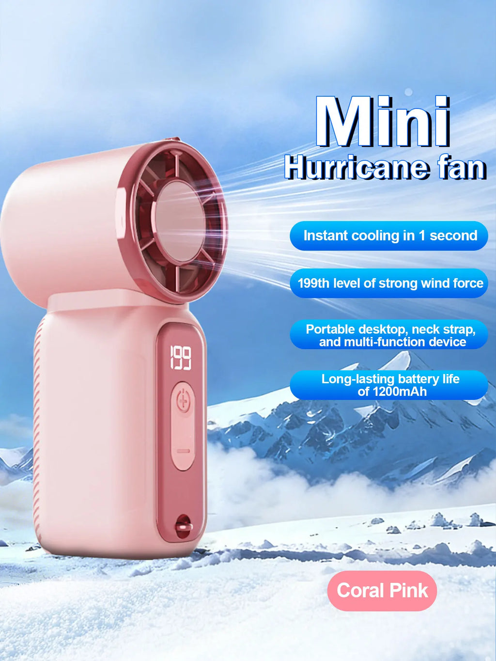 Breezora | Mini-Handventilator mit Digitalanzeige | Leistungsstarke Kühlung | USB-aufladbar 1200 mAh