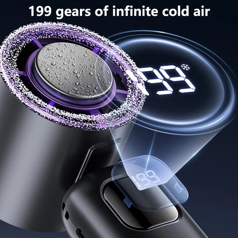 FrostTurbo Turbo Handventilator mit Eiskühlung | 199 Stufen | LED-Digitalanzeige | Handheld & Desktop | USB Akku | Reise & Zuhause
